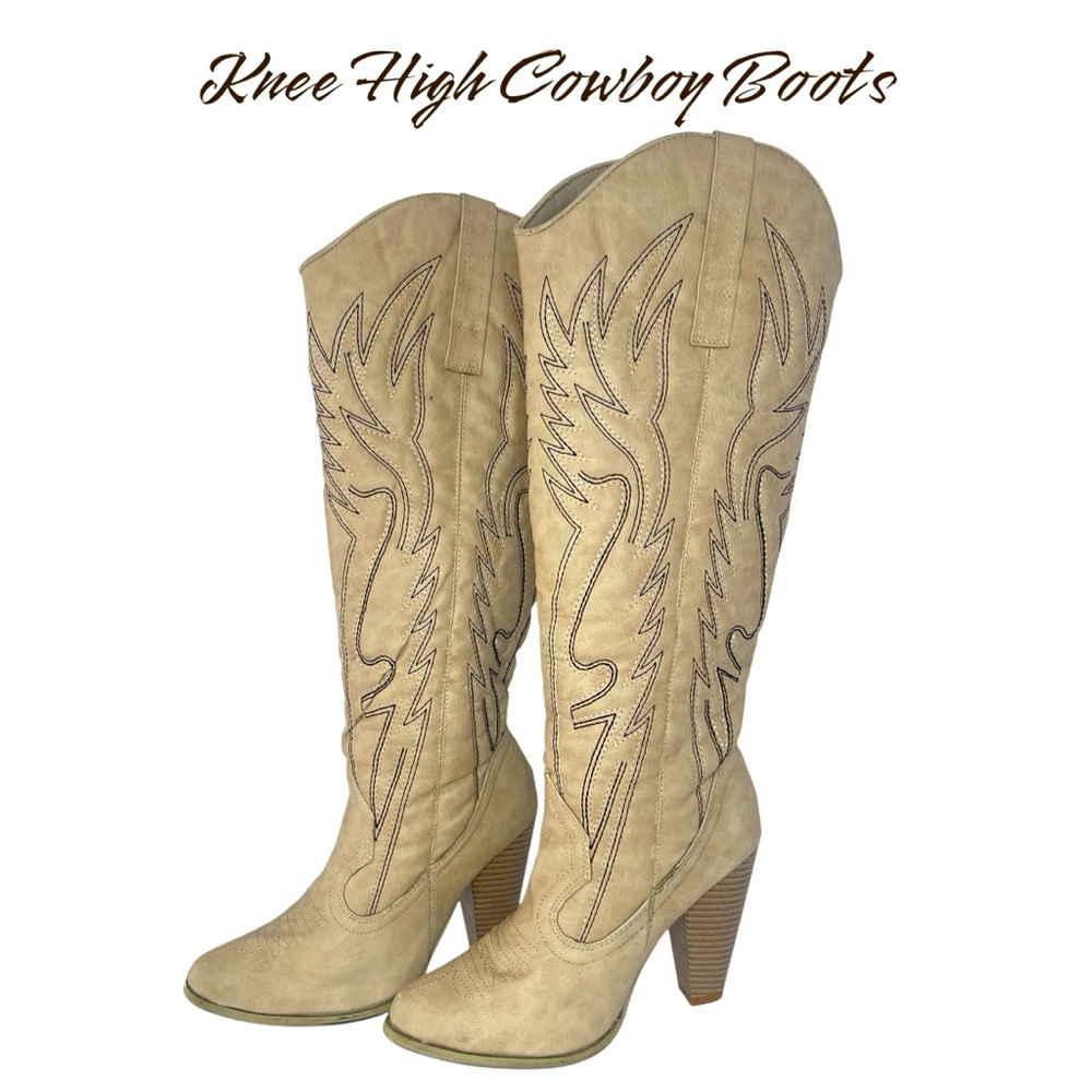 Knee High Slip On Cowboy Boots Beige Woman Size US 6